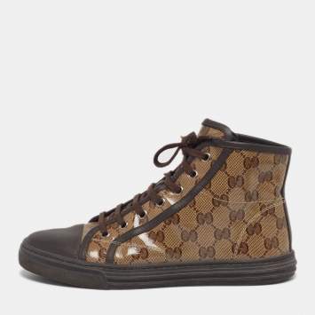 مملوكة مسبقًا Gucci Trim California Size 37 Dark Brown/Beige Coated Canvas and Leather High Top Sneakers