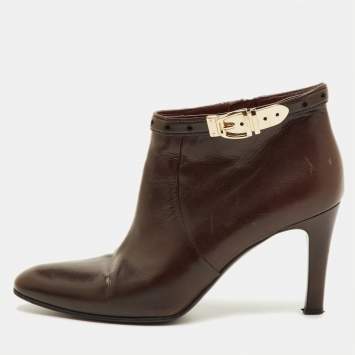 Pre Owned Gucci Size 38.5 Dark Brown Leather Buckle Detail Ankle Length Boots