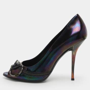 مملوكة مسبقًا حذاء كعب عالي غوتشي مزين هورسبيت مقاس 41 جلد براءة متعدد الألوان متلألئ مقدمة مفتوحة