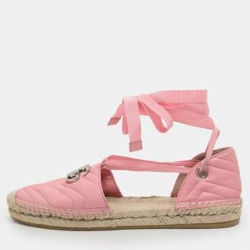 مملوكة مسبقًا Gucci GG Embellished Size 40.5 Pink Leather Ankle Wrap Espadrille Flats