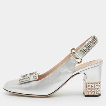مملوكة مسبقًا Gucci Square G Size 40 Silver Leather Crystal Embellished Block Heel Sandals 