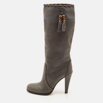مملوكة مسبقًا Gucci Bamboo Tassel Size 38 Grey Leather Knee Length Boots