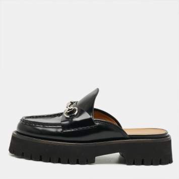 مملوكة مسبقًا Gucci Sylke Horsebit Size 37.5 Black Patent Leather Platform Mules