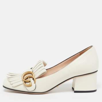 مملوكة مسبقًا Gucci GG Marmont Size 36.5 Cream Leather Fringed Loafer Pumps