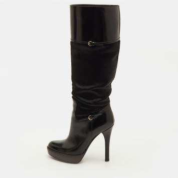 Pre Owned Gucci Size 36 Black Leather and Calf Hair Platform Knee Length Boots