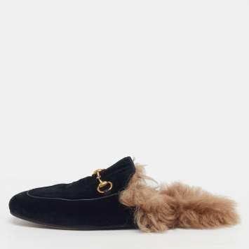 Pre Owned Gucci Princetown Size 38 Black Fur and Velvet Flat Mules