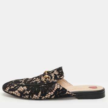 مملوكة مسبقًا حذاء فلات غووتشي جلد ودانتيل أسود/بيج برينستاون مقاس 39