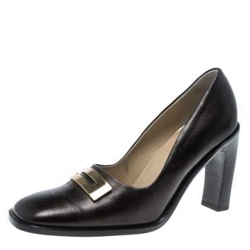 Pre Owned Gucci Brown Leather Block Heel Square Toe Pumps Size 39
