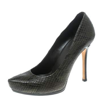 Pre Owned Gucci Khaki Green/Black Snakeskin Leather Platform Pumps Size 37