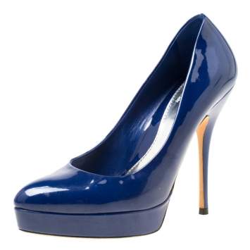 Pre Owned Gucci Blue Patent Leather Platform Pumps Size 36.5