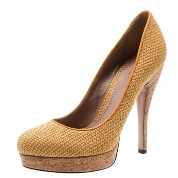 Pre Owned Gucci Yellow Woven Jute Bumblebee Cork Platform Pumps Size 37