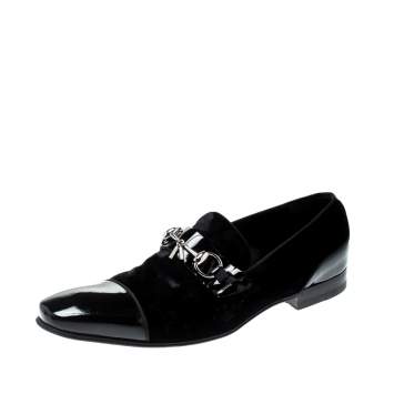 Pre Owned Gucci Black Patent Leather And Velvet Horsebit Loafers 40.5