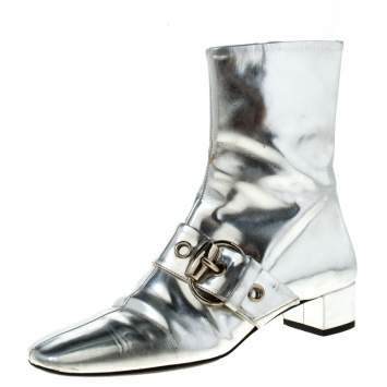 Pre Owned Gucci Metallic Silver Leather Buckle Detail Ankle Boots Size 37