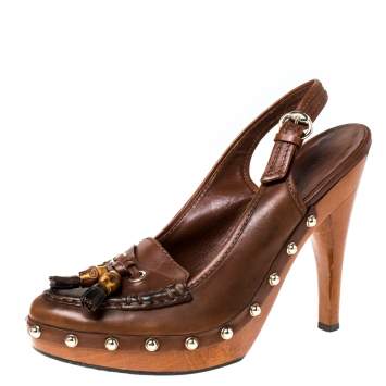 Pre Owned Gucci Brown Leather Tassel Loafer Slingback Clogs Size 38.5