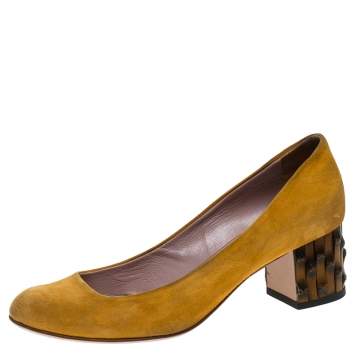 Pre Owned Gucci Yellow Suede Dahlia Bamboo Heel Pumps Size 36.5