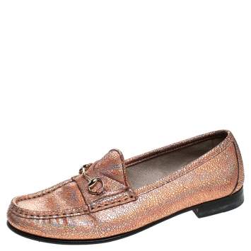Pre Owned Gucci Metallic Bronze Textured Leather Horsebit Slip On Loafers Size 36.5
