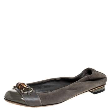 Pre Owned Gucci Grey Suede, Patent And Leather Bamboo Horsebit Ballet Flats Size 36.5