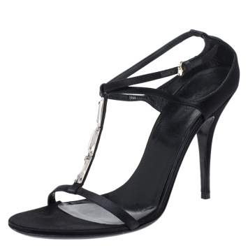 Pre Owned Gucci Black Satin Crystal Embellished T-strap Sandals Size 41