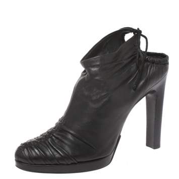 Pre Owned Gucci Black Pleated Leather Ankle Wrap Booties Size 37.5