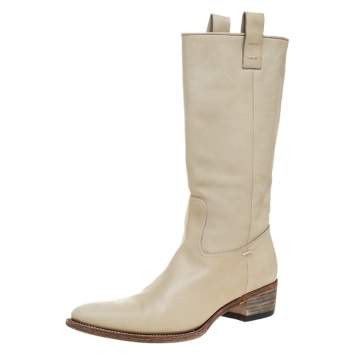 Pre Owned Gucci Off-white Leather Mid Calf Round Toe Boots Size 41