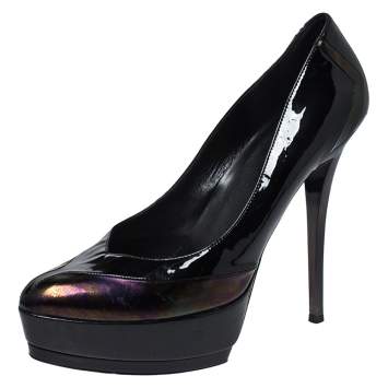 Pre Owned Gucci Black/Iridescent Patent Leather Platform Pumps Size 39.5