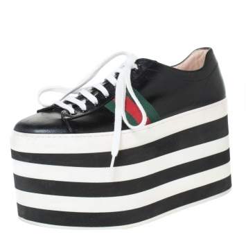 Pre Owned Gucci Black Leather Peggy Web Detail Platform Sneakers Size 38