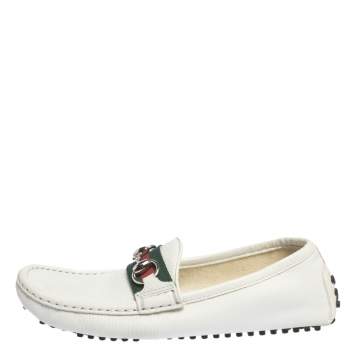 Pre Owned Gucci White Leather Horsebit Web Detail Slip On Loafers Size 36