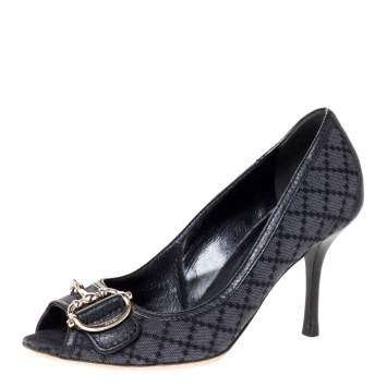 Pre Owned Gucci Black Diamante Canvas Horsebit Peep Toe Pumps Size 37