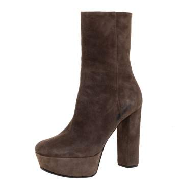 Pre Owned Gucci Grey Suede Platform Block Heel Ankle Boots Size 38