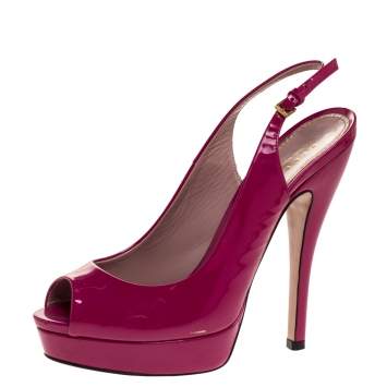 Pre Owned Gucci Magenta Patent Leather Peep Toe Platform Slingback Sandals Size 36.5