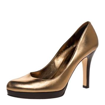Pre Owned Gucci Metallic Gold Leather Platform Pumps Size 38.5
