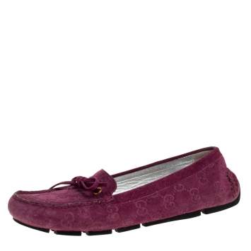 Pre Owned Gucci Purple GG Suede Leather Bow Slip On Loafers Size 36.5