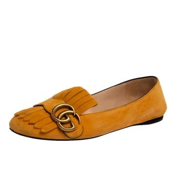 Pre Owned Gucci Yellow Suede Leather GG Marmont Fringe Detail Ballet Flats Size 36