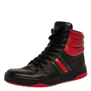 Pre Owned Gucci Black/Red Leather 'New Praga Karibu' High Top Lace Up Sneakers Size 37
