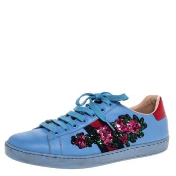 Pre Owned Gucci Blue Leather Ace Web Floral Embellished Low Top Sneakers Size 40.5