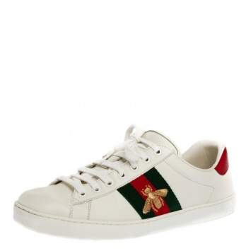Pre Owned Gucci White Leather Embroidered Bee Ace Low Top Sneakers Size 40.5