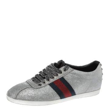 Pre Owned Gucci Metallic Silver Glitter Coated Fabric Bambi Web Detail Studded Low Top Sneakers Size 37.5