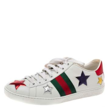 Pre Owned Gucci White Leather Ace Metallic Stars Low Top Sneakers Size 35.5