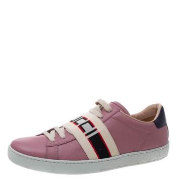 Pre Owned Gucci Pink Leather Ace Gucci Stripe Low Top Sneakers Size 38.5