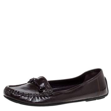 Pre Owned Gucci Brown Patent Leather Horsebit Slip On Loafers Size 40