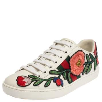 مملوكة مسبقًا Gucci White Leather Ace Floral-Embroidered Web Low Top Sneakers Size 36