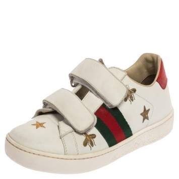 Pre Owned Gucci White Leather Ace Bees and Stars Embroidered Velcro Strap Sneaker Size 35