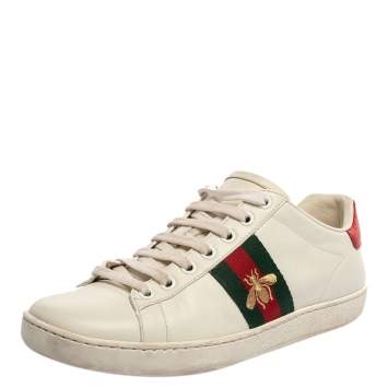 Pre Owned Gucci White Leather Ace Web Bee Low Top Sneakers Size 36.5