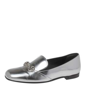 Pre Owned Gucci Silver Foil Leather Kira Horsebit Loafers Size 36.5