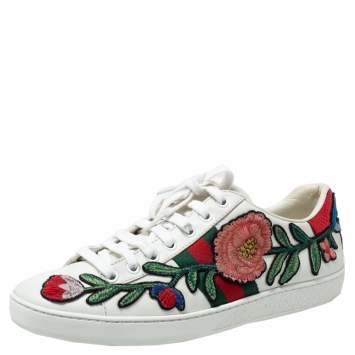 Pre Owned Gucci White Floral Embroidered Leather Ace Low Top Sneakers Size 37.5