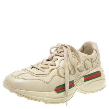 Pre Owned Gucci Beige Leather Rhyton Gucci Logo Low Top Sneakers Size 36