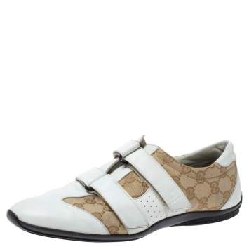 Pre Owned Gucci White/Beige GG Canvas and Leather Velcro Sneakers Size 40