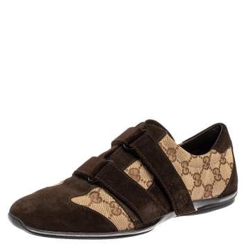 Pre Owned Gucci Brown Guccissima Canvas and Suede Velcro Sneakers Size 40