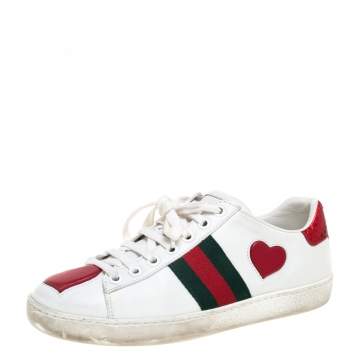 Pre Owned Gucci White Leather Ace Web Heart Detail Lace Up Sneaker Size 34.5