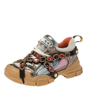 Pre Owned Gucci Multicolor Leather and Mesh Flashtrek Removable Crystals Sneakers Size 40